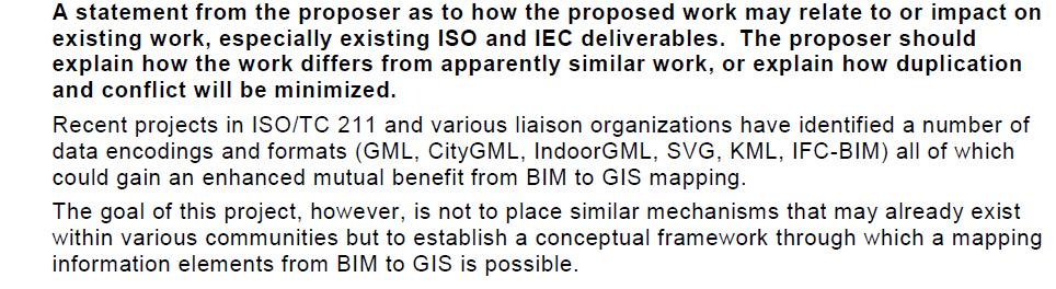 Nový projekt ISO/TC 211 Od ledna 2016 (+36 měsíců) ISO 19166 Název BIM to GIS conceptualmapping(b2gm), nyní je na úrovni AWI (souhlas/ harmonizace názorů pracovní skupiny, tj.