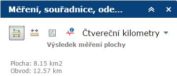 Nástroj pro měření délky Pro měření délky linie klikněte na tlačítko. Klikáním do mapy určíte počátek linie, její lomové body a její konec.