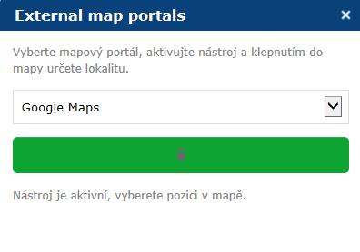 Ťuknutím myši do mapy je vybraný mapový portál s polohou označenou v mapě otevřen v novém okně prohlížeče. Uživatel získá pohled na dané místo i v jiném mapovém portálu. Pozn.