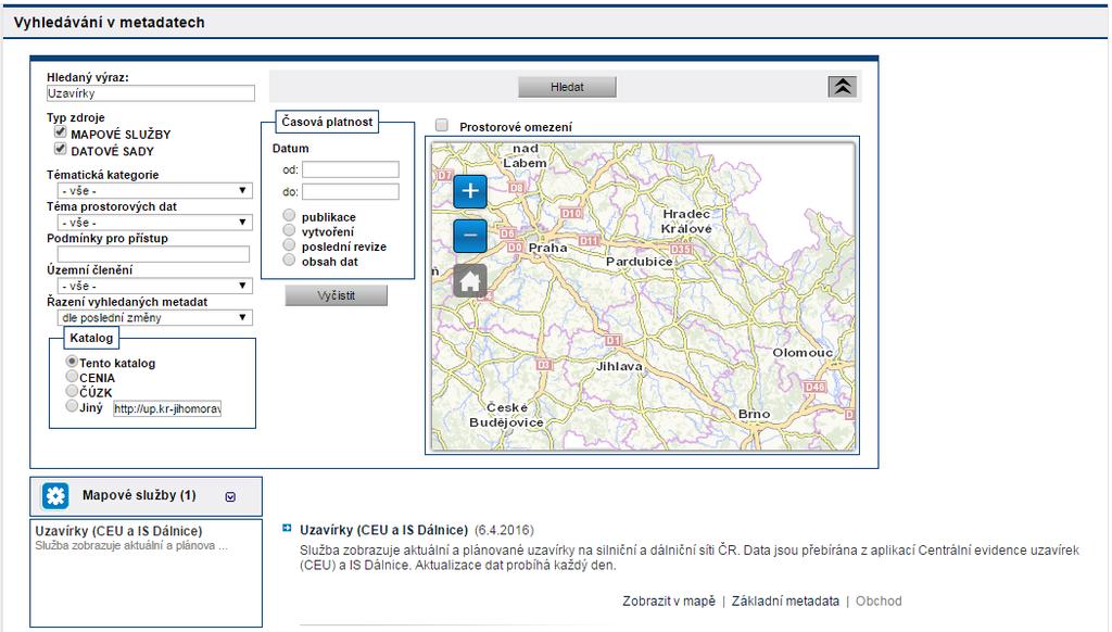 3:2 :: Vyhledávání Vyhledávání v mapových službách a datových sadách je přístupné jak u každé této sekce samostatně, tak společně pro oba typy poskytovaných informací.