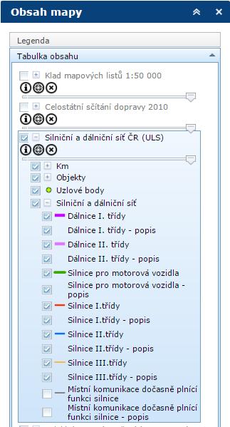 2:2 :: Obsah mapy Legenda Dialog Obsah mapy slouží pro práci s mapovými vrstvami a je tvořen hned několika záložkami. Pod záložkou se zobrazí legenda k aktivním mapovým službám a vrstvám tj.