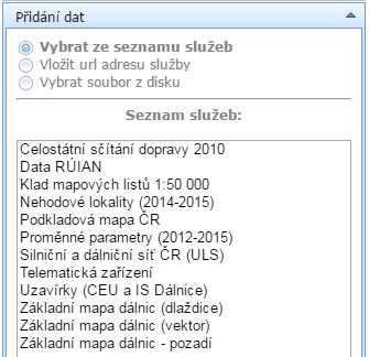 Do mapového pole je možné přidat libovolná data v podobě mapových služeb, jak vlastních tak cizích.