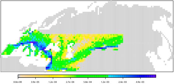 2) Křížení probíhalo po dobu celé migrace (Currat a Excoffier, 2011) křížení je nejsilnější na začátku migrační vlny (modrá barva) = 2 hybridní zóny jedna sahá z Blízkého Východu z Anatolie až do