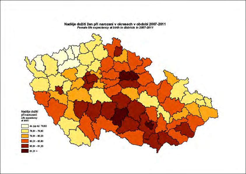 Naděje dožití při narození v okresech ČR v období 2007-2011 - ženy Okresy MSK okres ženy / věk 0 45 65 Bruntál 79,3 35,6 18,0