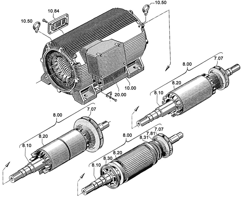 Náhradní díly 10.4 Stator a rotor 10.4 Stator a rotor Obrázek 10-1 Stator a rotor Tabulka 10-1 Náhradní díly pro stator a rotor Díl Popis Díl Popis 7.07 Vnitřní ventilátor 8.