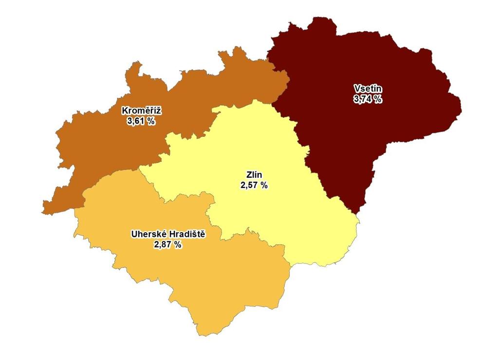 3. MAPA Podíl nezaměstnaných v okresech Zlínského kraje