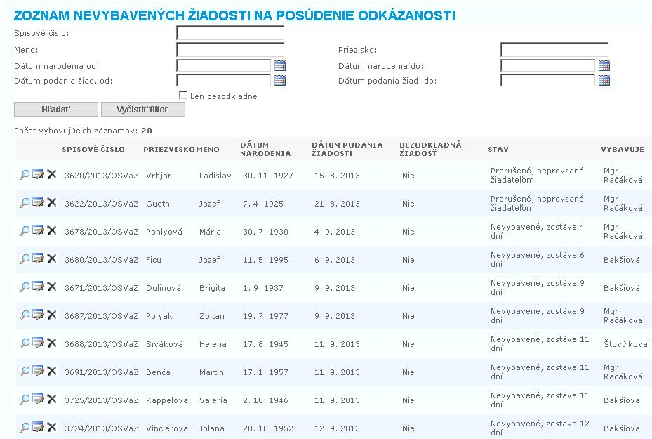 zamestnancov KSK, Obsah menu: Štatistika Register Financovanie Prehľady Žiadosti na posúdenie odkázanosti Nová žiadosť Zoznam