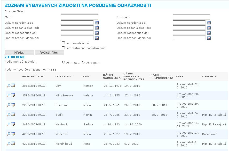 zamestnancov KSK, Obsah menu: Štatistika Register Financovanie Prehľady Žiadosti na posúdenie odkázanosti Nová žiadosť Zoznam