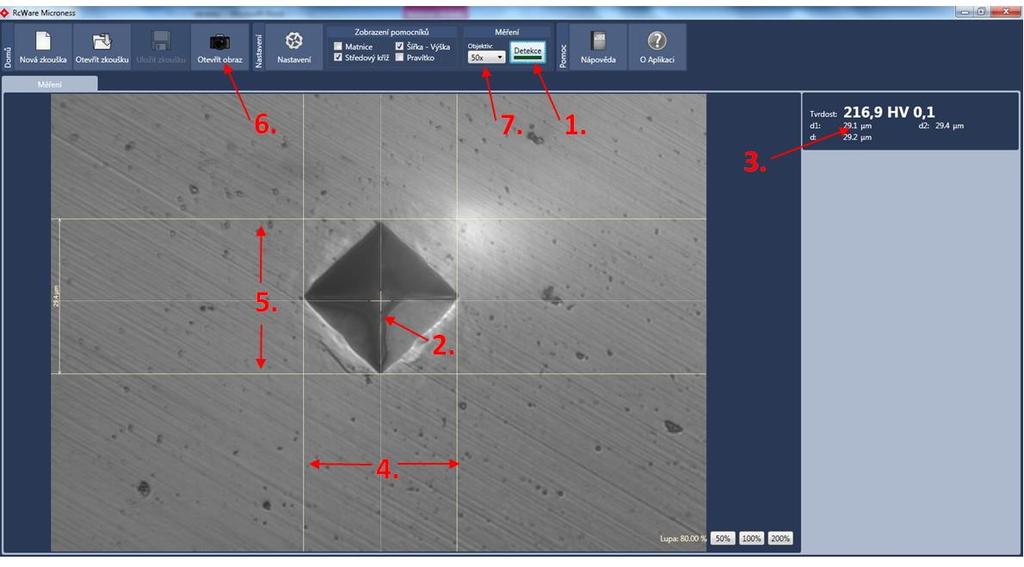 4. Měření nastavte objektiv (7). Zvolená hodnota objektivu musí odpovídat objektivu na tvrdoměru, kterým se zrovna měří.