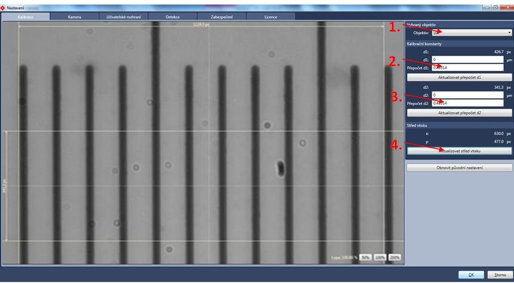 Obr. 1.6: Záložka kalibrace 1. Objektiv zde se volí, jaký objektiv se bude kalibrovat a pro jaký objektiv se bude nastavovat střed vtisku. 2.