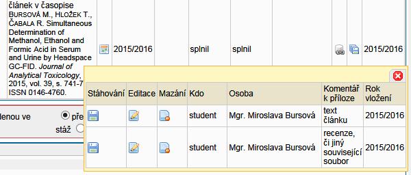 7: vpravo u konce řádku s údaji o povinnosti se po kliknutí na ikonu zobrazí informace o propojení se splněným předmětem ze SIS (viz obr. 7), napárovanou publikací nebo stáží.