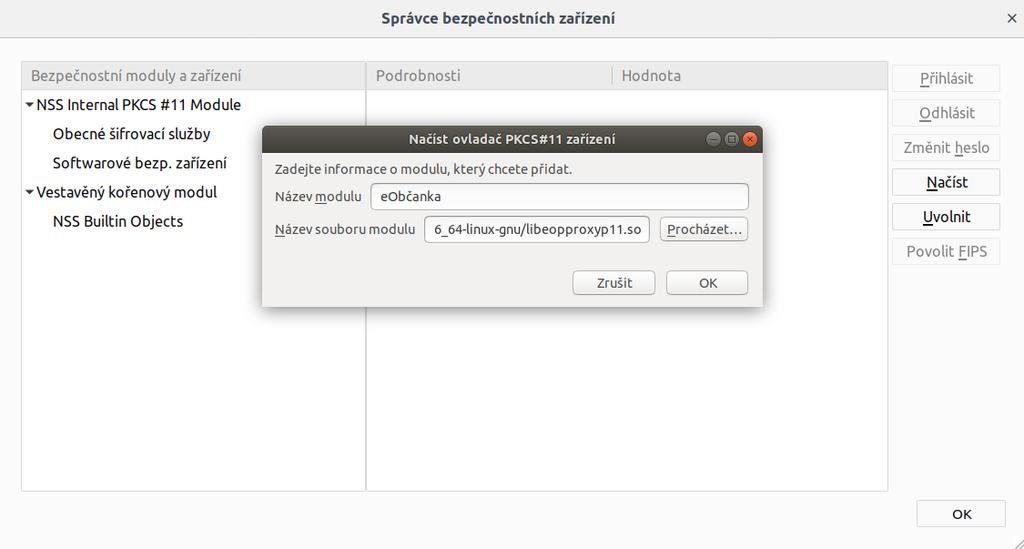 Obrázek 11: Přidání ovladače občanského průkazu do Mozilla Firefox V okně Nový ovladač PKCS#11 zařízení je třeba: 1. Nastavit název modulu - libovolný, např. eobčanka nebo Občanský průkaz. 2.