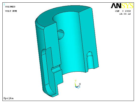 Obr. 12 - Geometrický model spojky Tvorba sítě Vzhledem k poměrně komplikovanému tvaru součásti použijeme tvz. free mesh. Budeme chtít, aby velikost elemetu byla (pokud možno) 5 mm.