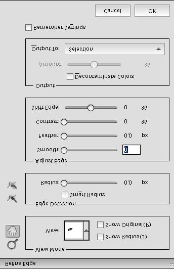 V aplikaci Photoshop Elements 11 můžete vyladit výběr pomocí dialogu Zpřesnit okraj (vyberte část obrazu, klikněte pravým tlačítkem na výběr a vyberte možnost Zpřesnit okraj).