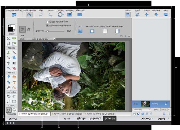 Okno aplikace Photoshop Elements poskytuje režimy k vytvoření a úpravě obrazů. Vyberte jednu z těchto voleb: Rychlé Umožňuje provádění úprav fotografií v rychlém režimu.