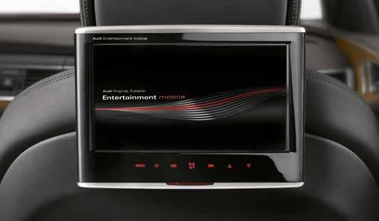 2 Audi Entertainment mobile 9-palcová obrazovka s integrovaným DVD prehrávačom pre umiestnenie na opierky hlavy na predných sedadlách.