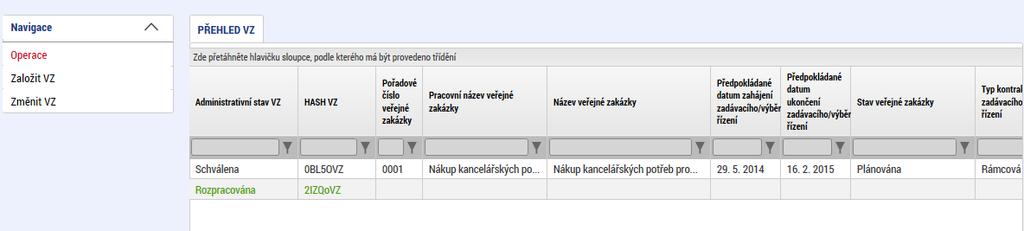 Hlavní část obrazovky zobrazuje všechny zakázky, které byly dosud na projektu zaevidovány. Vložení nové zakázky se provádí kliknutím na tlačítko Založit VZ.