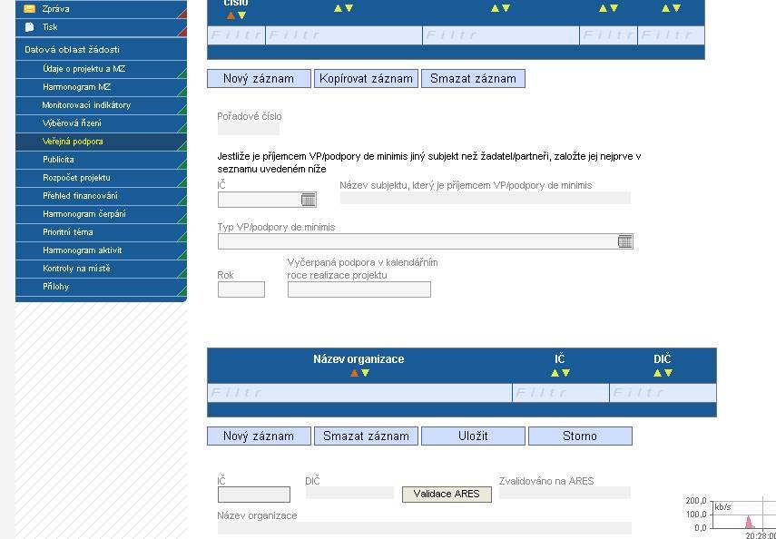 VEŘEJNÁ PODPORA Tato záložka je určena pro projekty v režimu veřejné podpory.