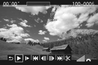 V zobrazení jednotlivých snímů stisněte tlačíto <0>. V dolní části displeje se zobrazí panel pro přehrávání filmů. Přehrajte film.