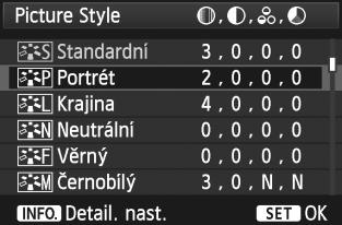 A Uživatelsé nastavení stylu Picture StyleN Styl Picture Style můžete upravit nastavením jednotlivých parametrů, jao je [Ostrost] a [Kontrast].