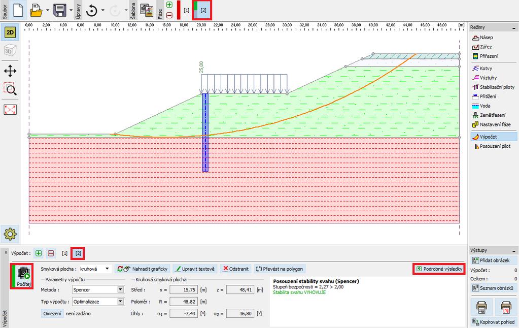 S touto úpravou provedeme výpočet. Program Stabilita svahu výpočet se skutečnou únosností pilot Poznámka: Po úpravě únosnosti pilot může dojít ke změně optimalizované smykové plochy.