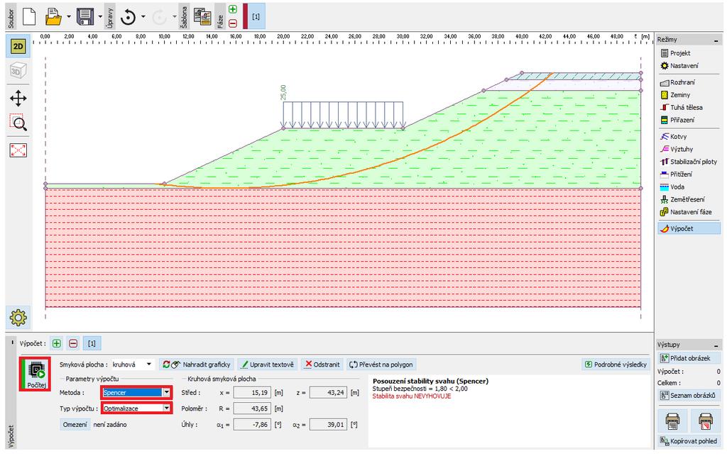 Rám Výpočet Vypočtený stupeň bezpečnosti činí SF=1,8, požadovaný byl SF=2,0. Svah tedy na požadovanou stabilitu nevyhověl.