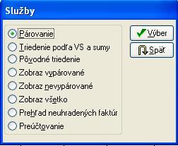 - Prehľady \ Saldokonto \ Služby \ Párovanie uvedenou službou máte možnosť, po oprave niektorých účtovných zápisov, spustiť párovanie dokladov - Prehľady \ Saldokonto \ Služby \ Triedenie podľa VS a