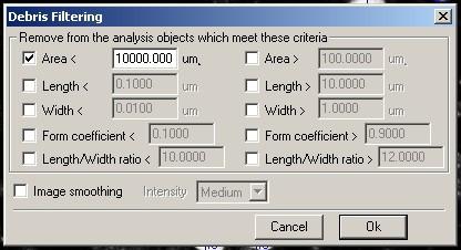 B) Nastavení barevných kanálů a parametrů V záložce Analysis Filter nastavíme požadované hodnoty pro odfiltrování objektů