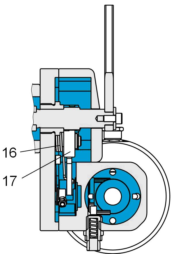 Tlak na membránu (11) udržuje vřeteno membrány (12) v rovnovážné poloze. Pohybu západky (17) je tedy zabráněno vidlicí (15), jejíž otáčivý pohyb je vyvozován vřetenem (12).