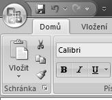 Pracovní prostředí pás karet, skupiny příkazů 37 9 Co je tlačítko Office a kde se nachází Tlačítko Office nahrazuje nabídku Soubor z předchozích verzí Excelu a nachází se v levém horním rohu.