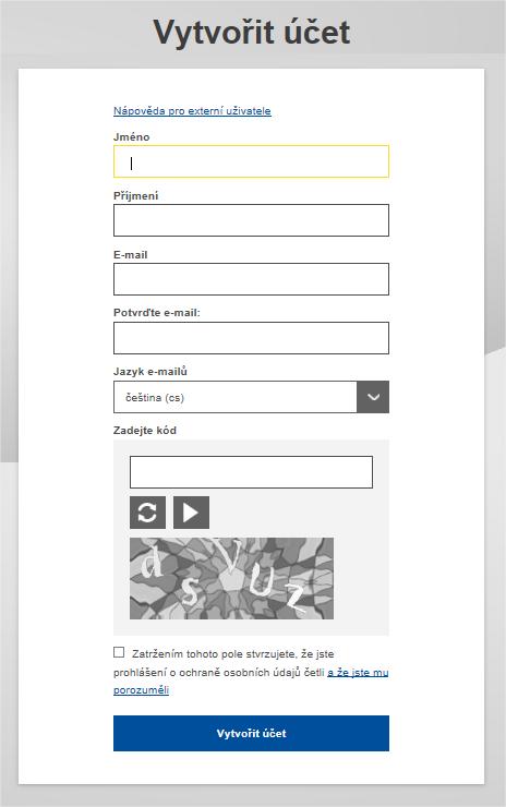 Nyní máte přístup k registrační obrazovce EU Login. V pravém horním rohu si můžete vybrat jazyk: Vyplňte všechna pole formuláře.