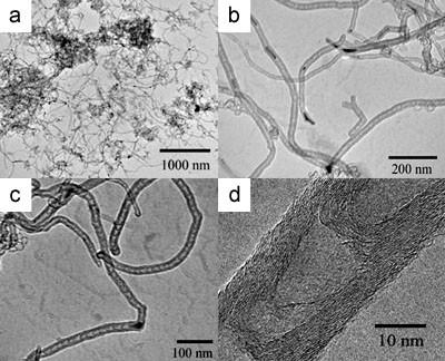 Typical TEM images of BCNTs grown at 850 ºC using a 10 wt.