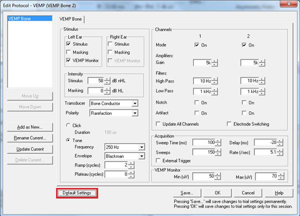 Obrázek 22: Nastavení parametrů pro metodu VEMP Bone 5. V okně Edit protocol VEMP nastavujeme technické parametry pro vybraný druh měření.