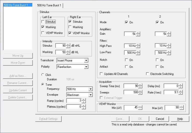 3.4.3 Správné nastavení VEMP testu pro metodu 500Hz Tone Burst Stimulus Stimulus: Right Ear, VEMP Monitor: Right Ear Intensity Stimulus: 90dB nhl, Masking: Left Ear 50 db HL Transducer: Insert Phone,