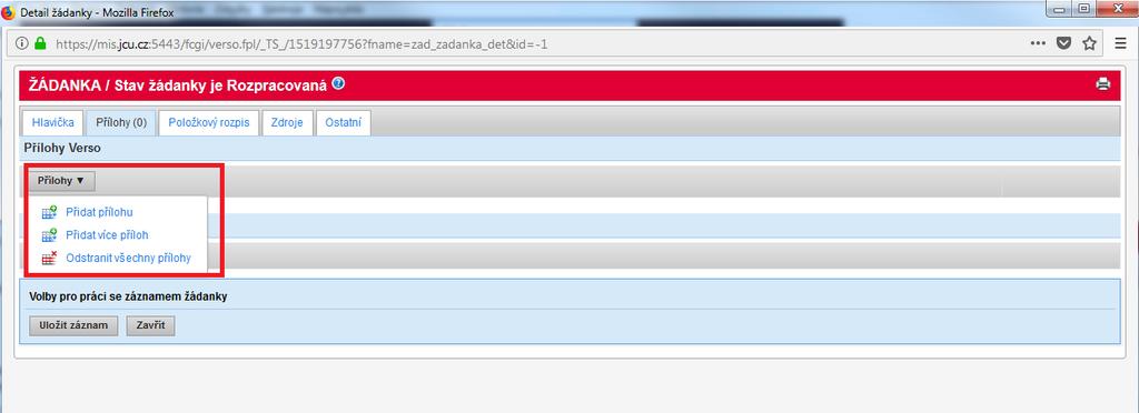 Záložka přílohy: Na záložce přílohy je možné připojit k žádance jakoukoliv přílohu kliknutím na