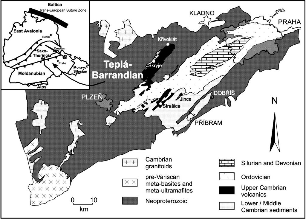 Obr. 3. Zjednodušená mapa TBO podle Drosta et al. 2004 V levém horním rohu je postavení TBO v rámci středoevropských variscid 2.1.