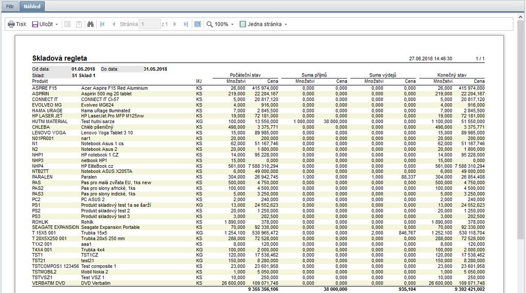 Skladová regleta Nová aplikace tisk přehledu stavu a změn skladu za zvolené