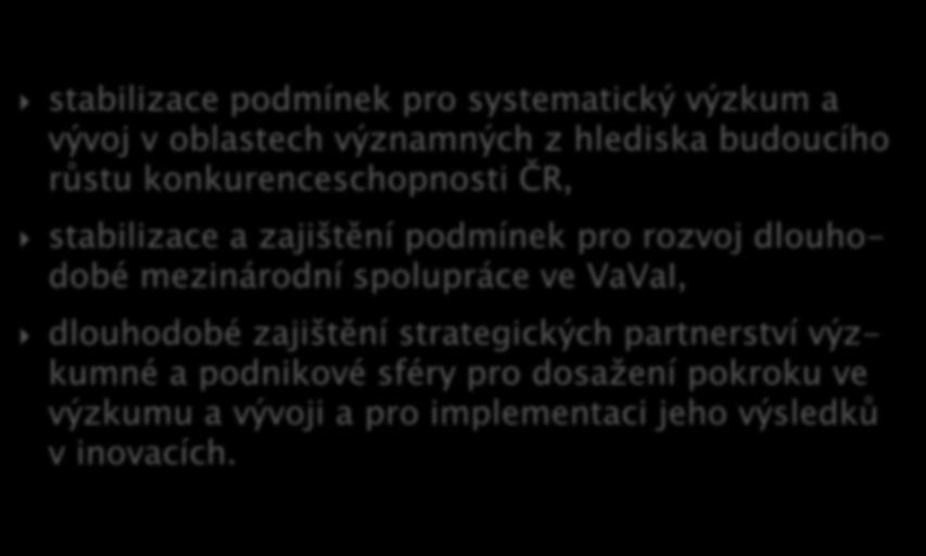 stabilizace podmínek pro systematický výzkum a vývoj v oblastech významných z hlediska budoucího růstu konkurenceschopnosti ČR, stabilizace a zajištění podmínek pro rozvoj dlouhodobé