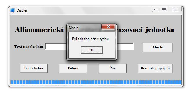 Tlačítko Den v týdnu načte z PC pořadí dne v týdnu (1-7, Neděle = 1, Pondělí = 2,...) a následně toto číslo převede na konkrétní den v týdnu. Poté PC složí řetězec znaků Dnes je.