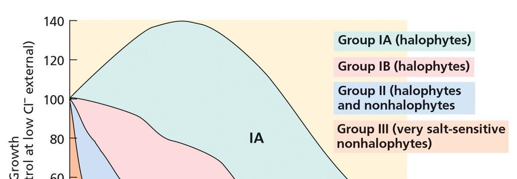 14 Podle schopnosti tolerovat vyšší hladinu soli rozdělujeme rostliny na: - halofyty (halophytes) velice tolerantní k zasolení (~ 1%