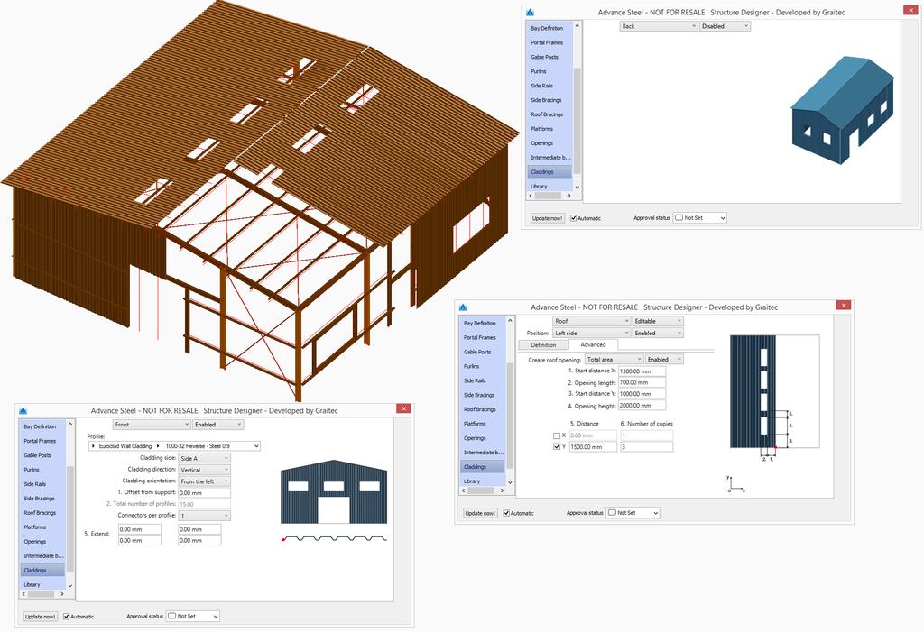 What's New in Steel Structure Designer 2017 Opláštění Pokrývající celou konstrukci s širokou škálou výrobců ocelových panelů je nyní možný a velmi snadno ovladatelný.