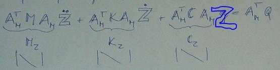 z 1 z 2 q = A M Z, Z =, Z - hlavní suřadnice z n Mq + Kq + Cq = Q(t) P aplikvání hlavních suřadnic Zjedndušeně Harmnický budící mment je dán zápisem v kmplexní prměnné M = (150 + j230)e j65t.