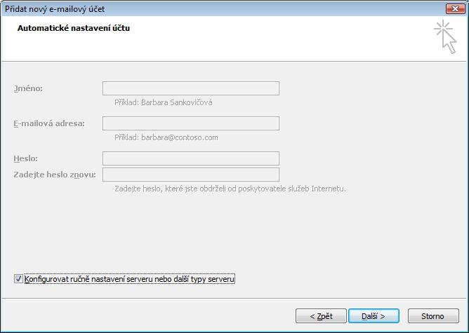 Účet je nutné konfigurovat ručně, proto v okně Automatické nastavení účtu nevyplňujte údaje a