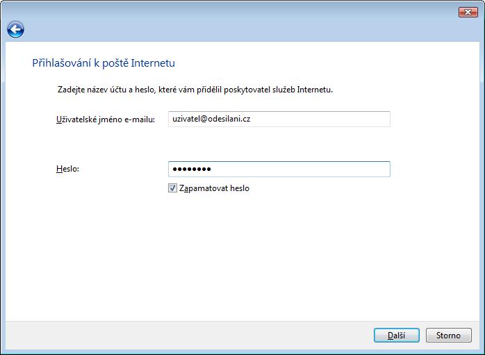 Heslo: vaše heslo ke službě odesilani.cz Průvodce vytvořením účtu dokončíte tlačítkem Dokončit.
