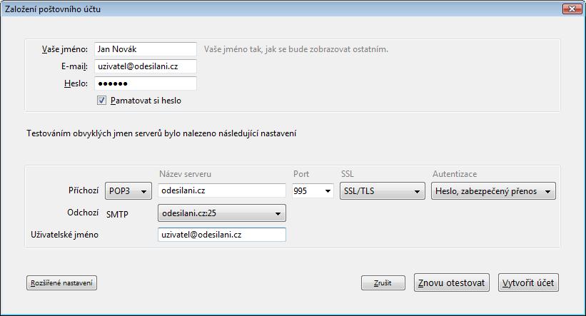Port: 995 SSL: SSL/TLS Autentizace: Heslo, zabezpečený přenos V řádce Odchozí vyberte v poli Název serveru ze seznamu hodnotu odesilani.