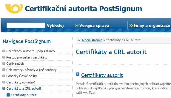 Příslušné certifikáty lze nalézt v nabídce stránek Certifikáty a CRL autorit / Certifikáty autorit.