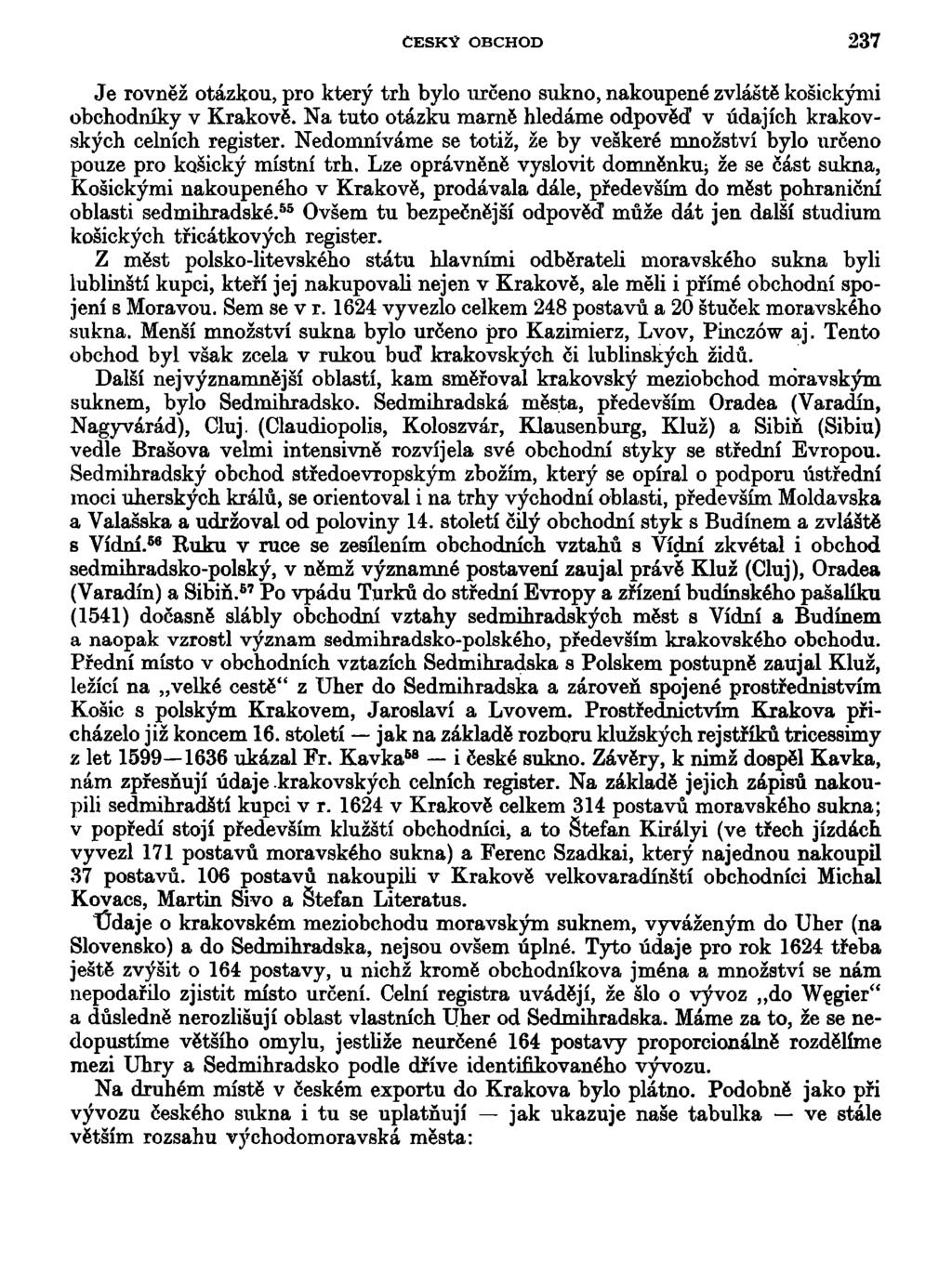 ČESKÝ OBCHOD 237 Je rovněž otázkou, pro který trh bylo určeno sukno, nakoupené zvláště košickými obchodníky v Krakově. Na tuto otázku marně hledáme odpověď v údajích krakovských celních register.