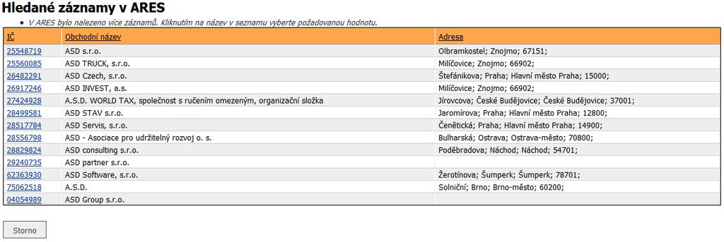 Vyhledávaná hodnota Pole pro zadání identifikačních údajů provozovatele ISVS. Na základě zadaných vstupních údajů vyhledá aplikace v rejstříku ARES záznamy odpovídající zadané hodnotě.