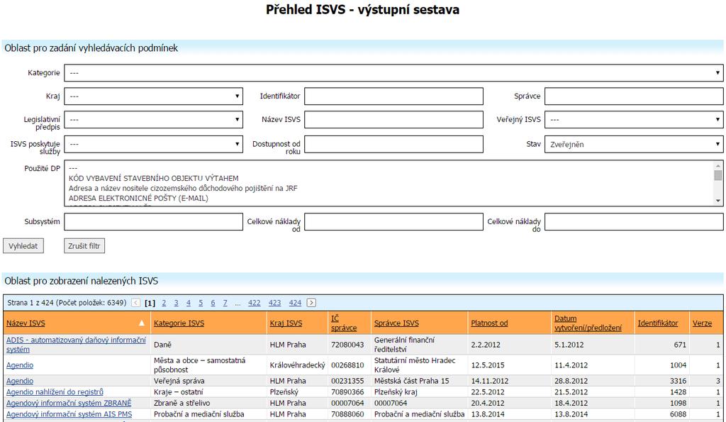 8 Výstupní sestavy 8.1 Přehled ISVS 8.1.1 Obrazovka Přehledy ISVS Obrazovka pro vyhledání ISVS pro zobrazení výstupních sestav Seznamy ISVS a Dostupnost ISVS.