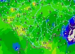 Srážky v severovýchodním proudění zesilovaly v Novohradských horách a na úpatí Šumavy, nicméně dosahovaly intenzit pouze kolem 5 mm za hodinu.